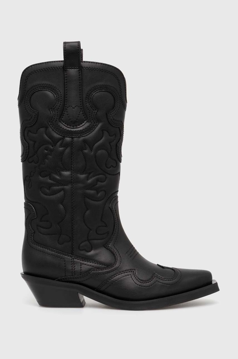 ミドルブーツ GANNI Women Boots S1946 black GANNI western boots Mid Shaft Embroidered Western Boot