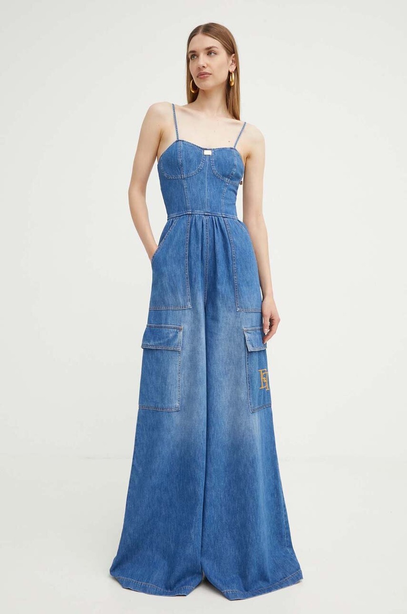 ワンピース Elisabetta Franchi Fitted Denim Jumpsuit With Floral Elisabetta Franchi zip-detailing Denim Jumpsuit | Blue