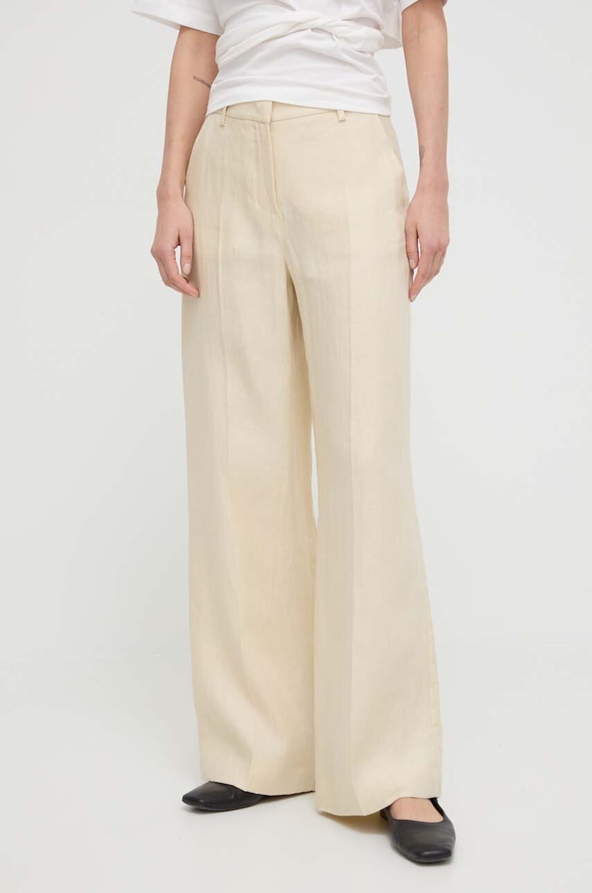Weekend Max Mara spodnie lniane kolor beżowy szerokie high