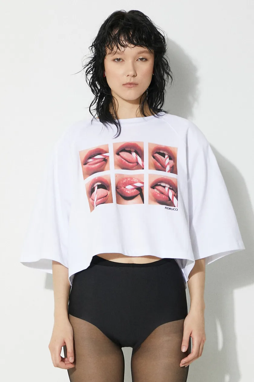 Памучна тениска Fiorucci Mouth Print Cropped Padded T-Shirt в бяло U01FPTSH106CJ01WH01