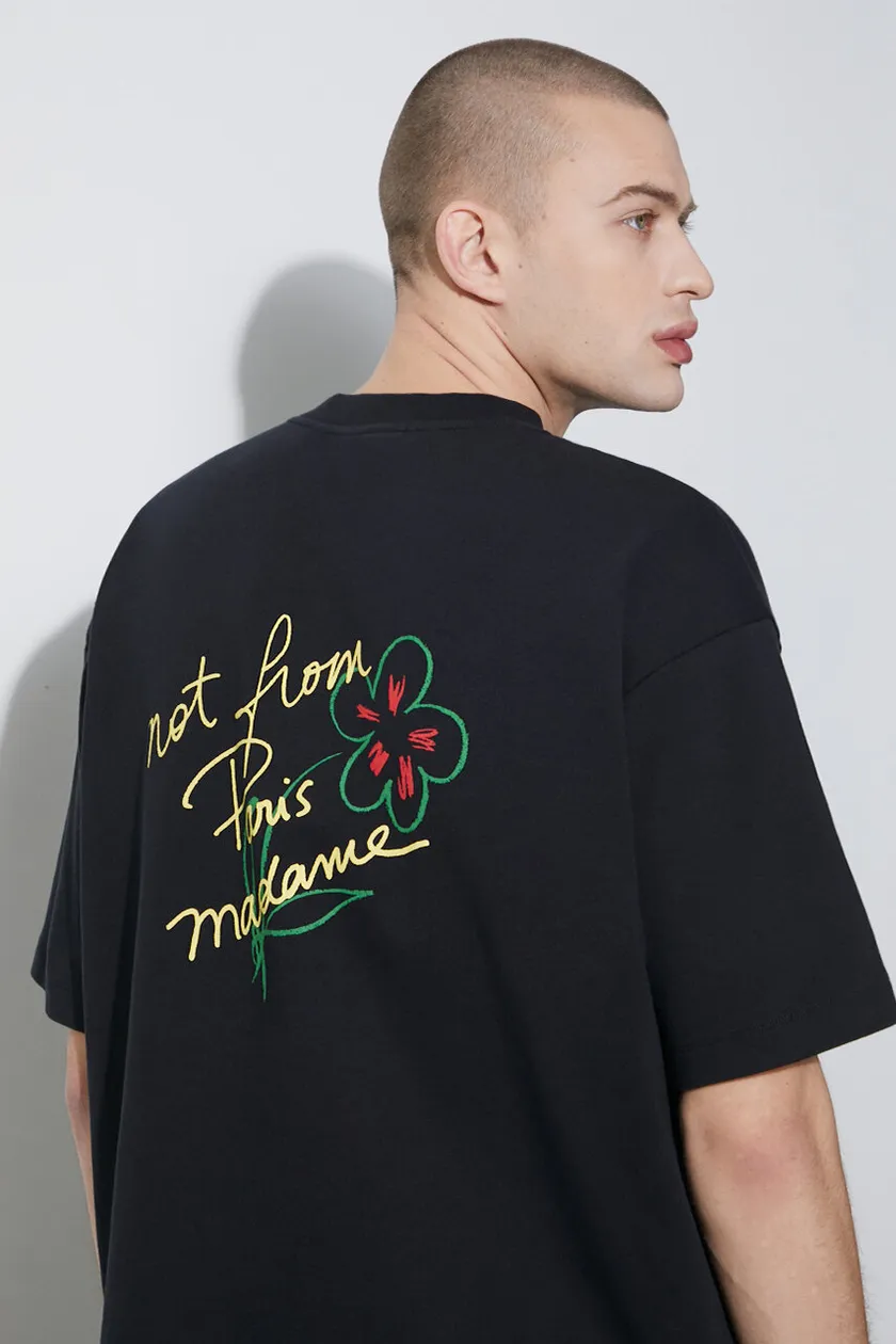 Памучна тениска Drôle de Monsieur Le T-Shirt Slogan Esquisse в черно с принт D-TS188-CO002-BL