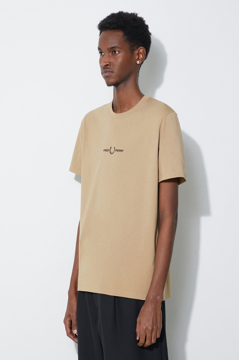 今ならほぼ即納！ Fred Perry cotton t-shirt Embroidered T-Shirt men's beige トップス
