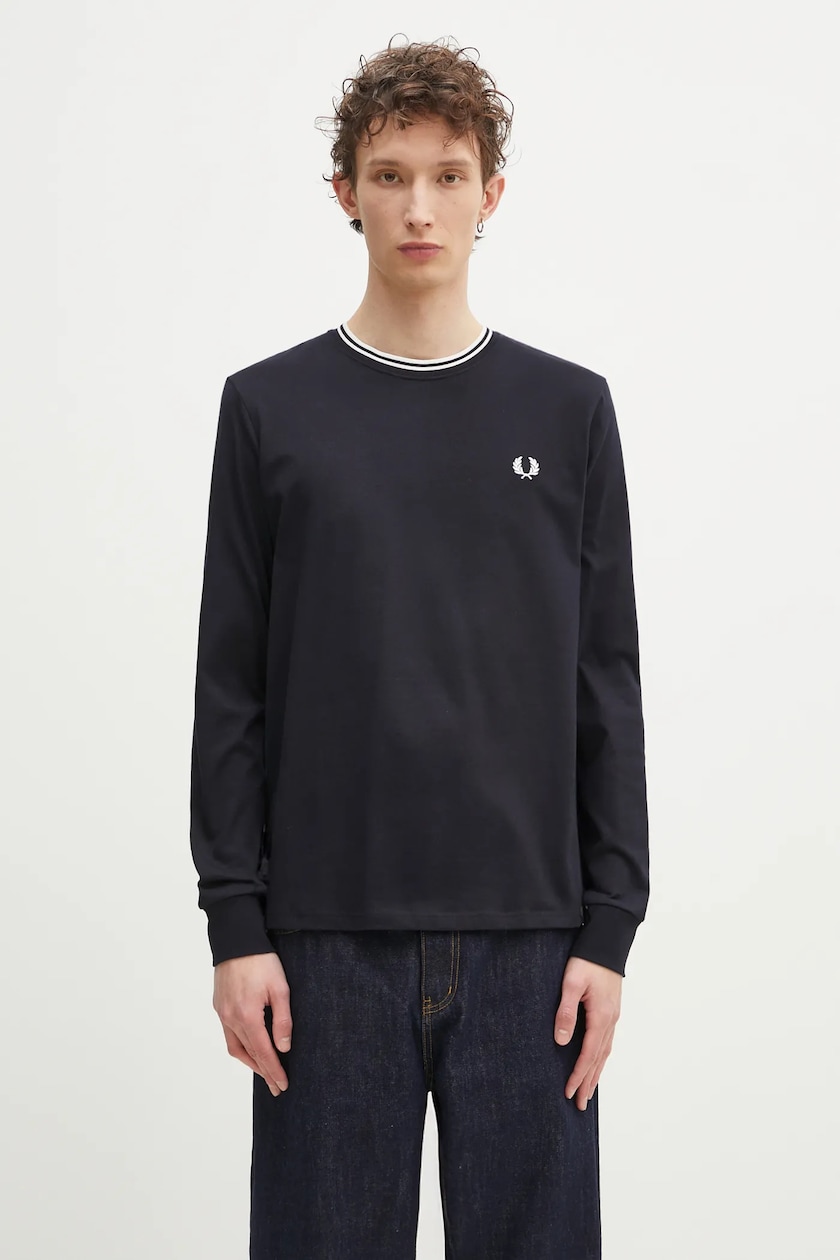 Fred Perry cotton longsleeve top navy blue color smooth M9602.795 Fred Perry cotton longsleeve top navy blue color smooth M9602.795