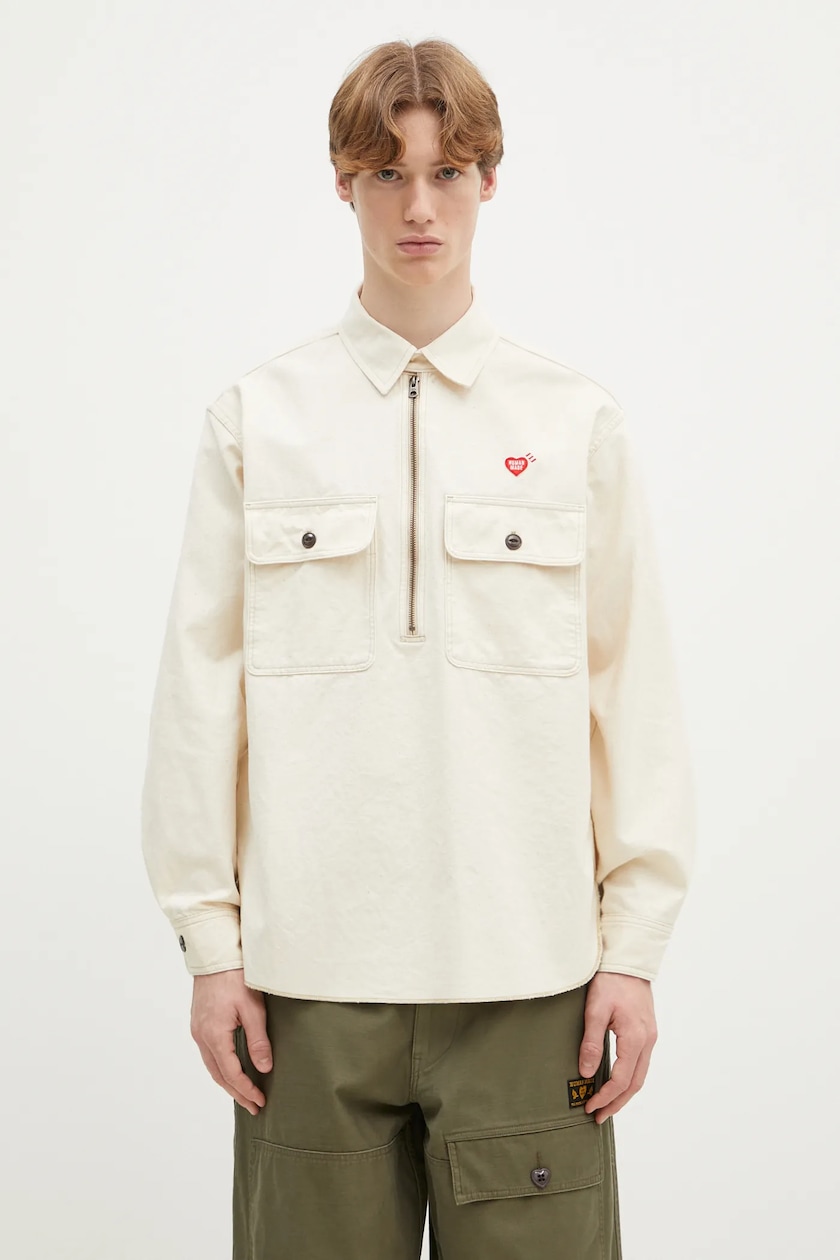 Human Made cotton shirt Zip-Up Work Shirt men's beige color Human Made cotton shirt Zip-Up Work Shirt men's beige color