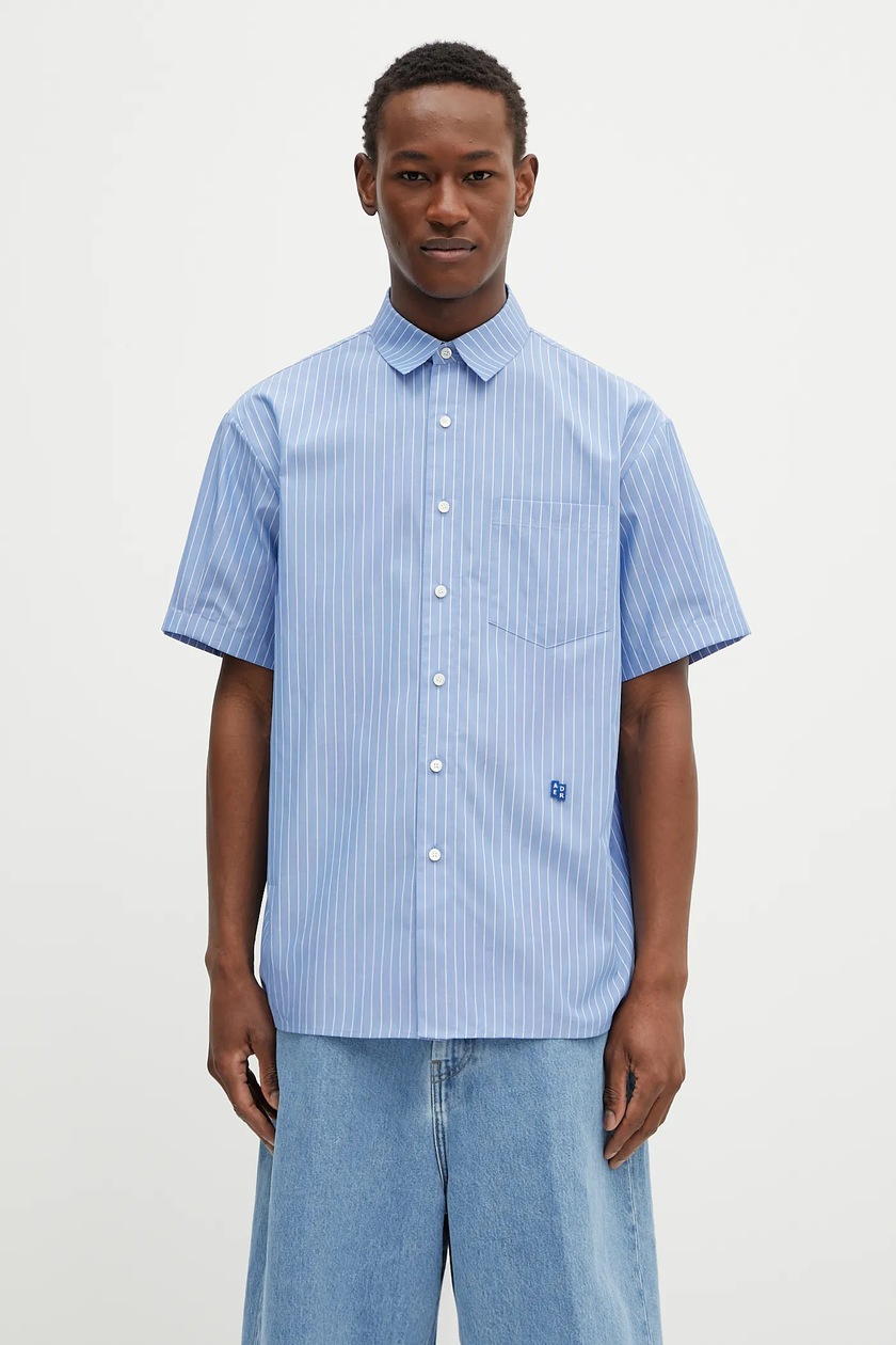 【BAON】[unisex] Mashuko Stripe Pocket Over Shirt SHIRTS Man DOUBLING COLOR BLOCK Button Down AZURE-ORANGE