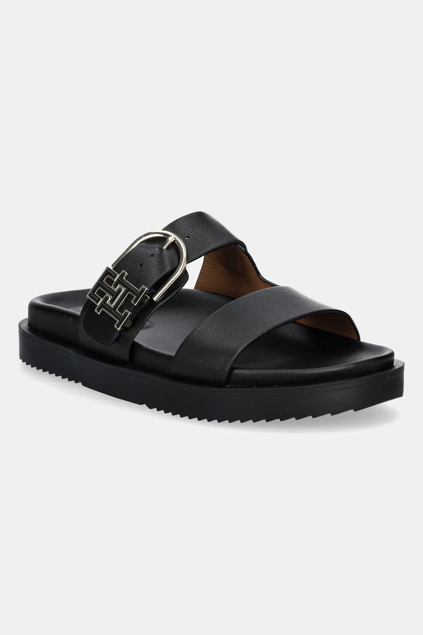 Kožené šľapky Tommy Hilfiger LEATHER SPORTY MULE dámske, čierna