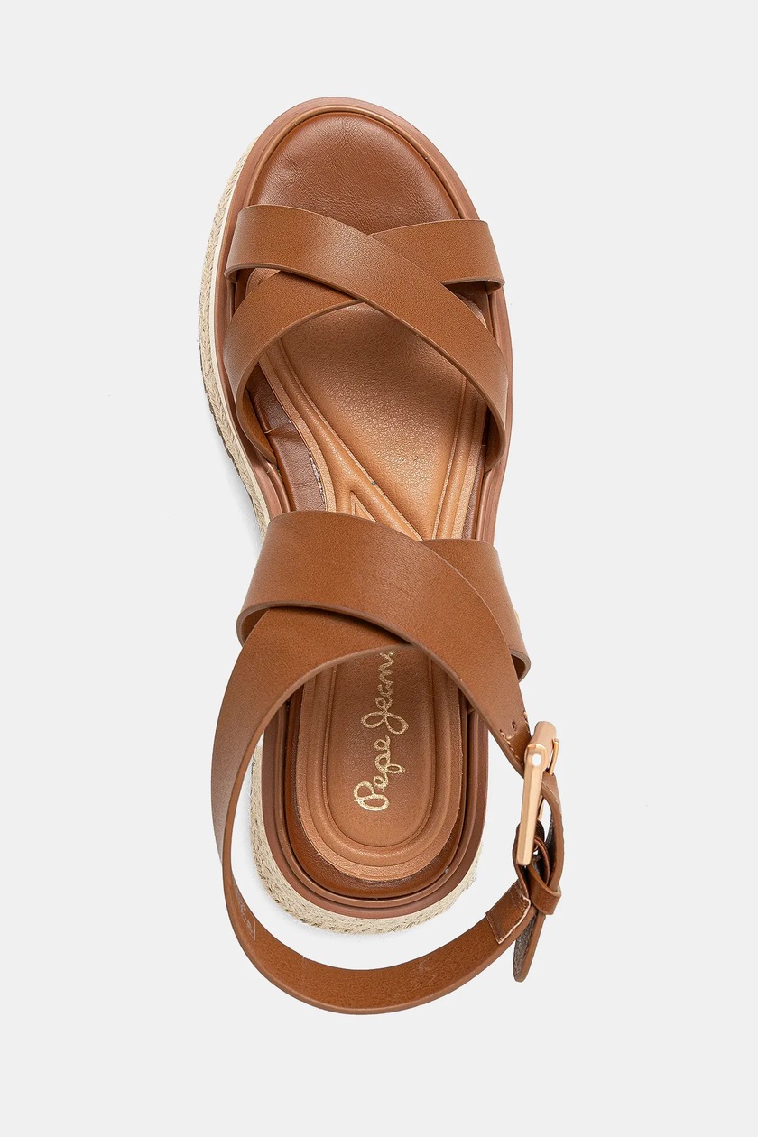 Pepe Jeans sandale de piele KATE NATURE femei, culoarea maro, cu