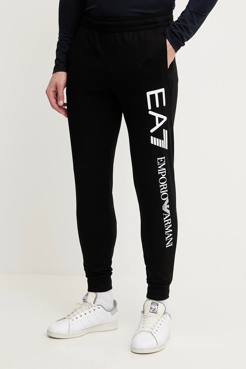 Pantaloni Jogger EA7 Uomo In Cotone Nero - Vita Media, Coulisse, Logo Ricamato