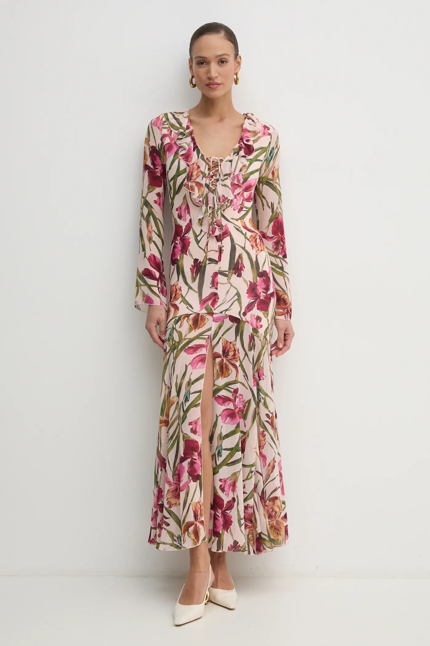 Guess Eco Abito Midi Manica Corta Lilla Con Spacco E Ritaglio Al Petto, Vestito Elegante Donna - 2