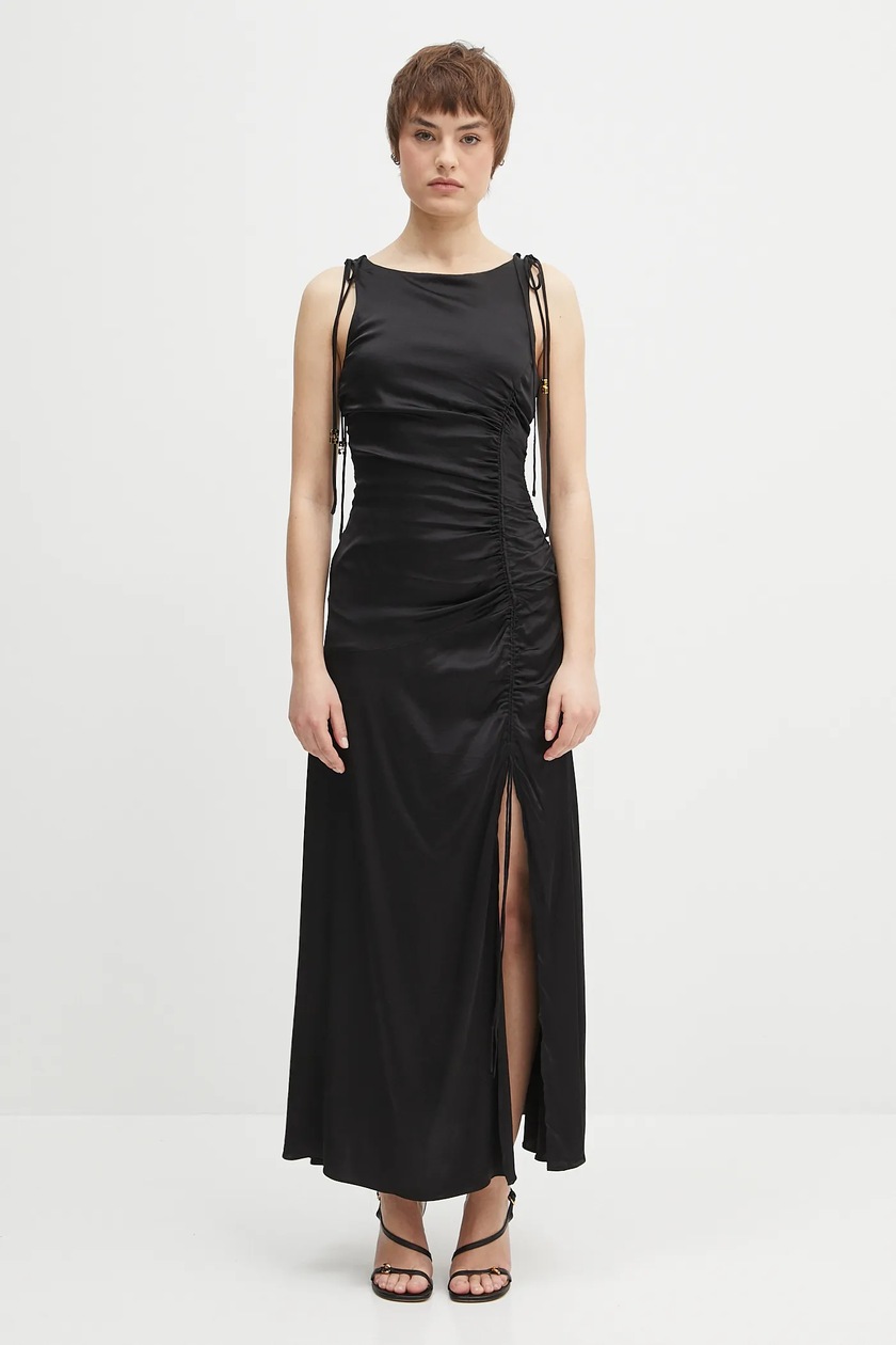 GANNI dress Fluid Satin Jacquard Slit Long black color W0255