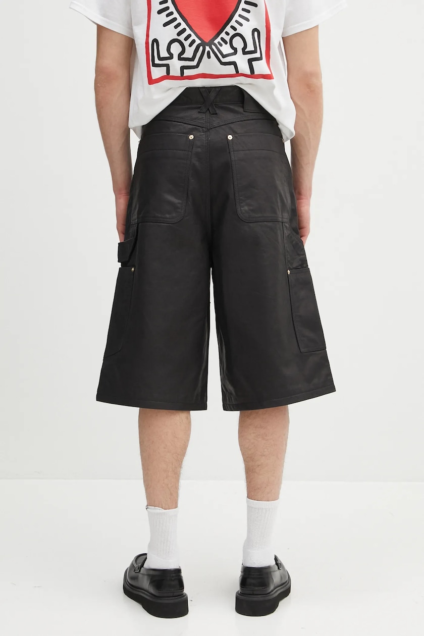 TREEMINGBIRD◆Distressed Leather Set-up Shorts 韓国人気 Wales Bonner leather shorts Ivy black color US25LE03.LE02
