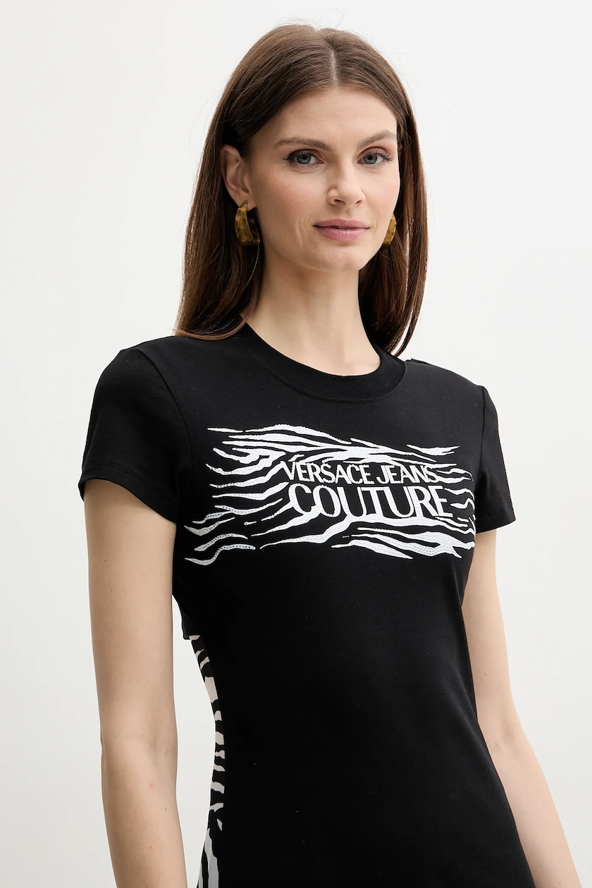Tシャツ・カットソー VERSACE JEANS COUTURE Woman T-Shirt Black 1 77HAH613JS365 Versace Jeans Couture t-shirt bawełniany damski kolor czarny