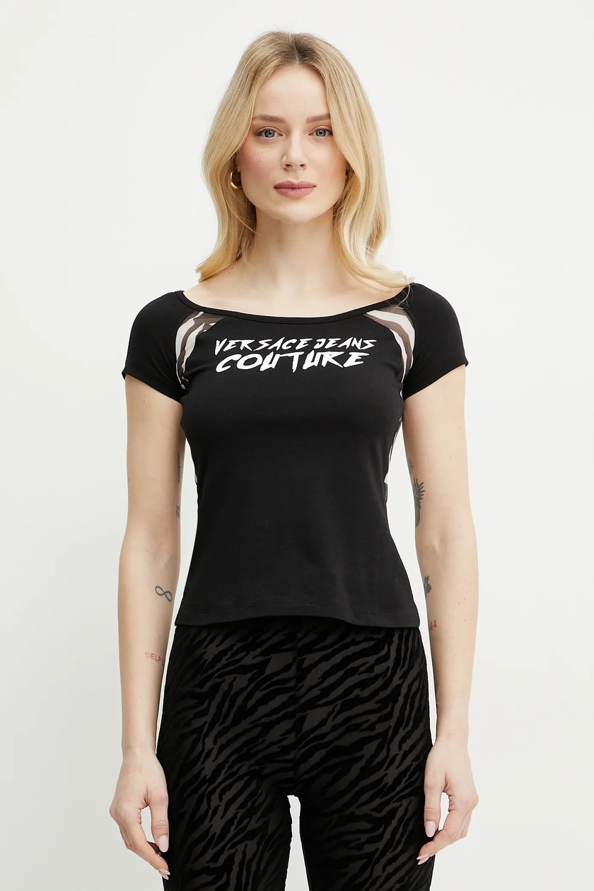 Tシャツ・カットソー VERSACE JEANS COUTURE Woman T-Shirt Black 1 77HAH608JS409 Versace Jeans Couture logo-print T-shirt | Black | FARFETCH