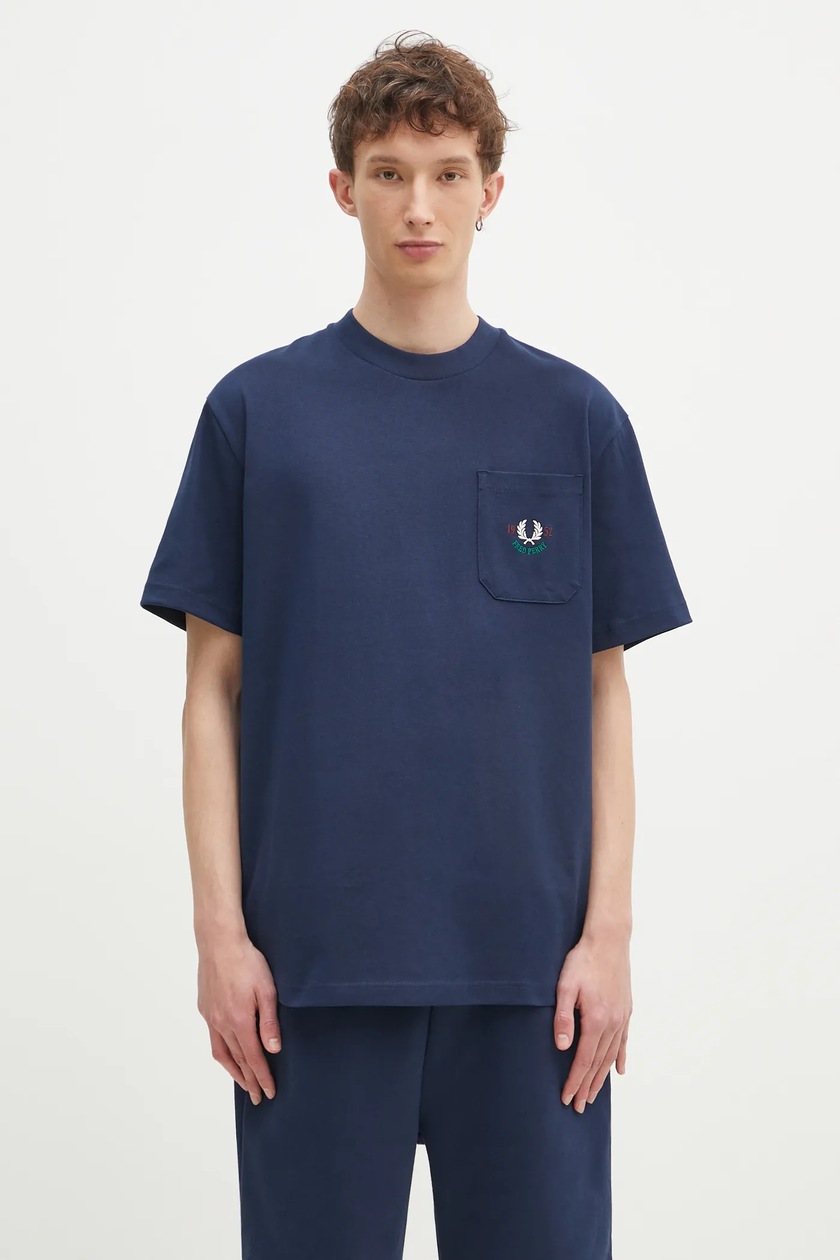 Tシャツ・カットソー FRED PERRY Men T-shirt Blue 1 M1600 608 Fred Perry cotton t-shirt Crew Neck T-Shirt men's navy blue