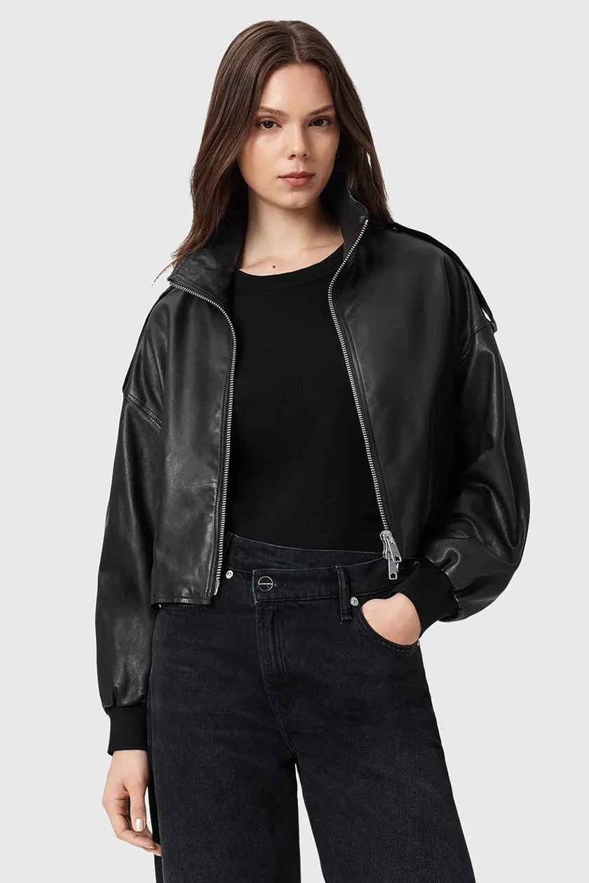 Кожаная куртка AllSaints ORTEN BOMBER JACKET женская цвет чёрный
