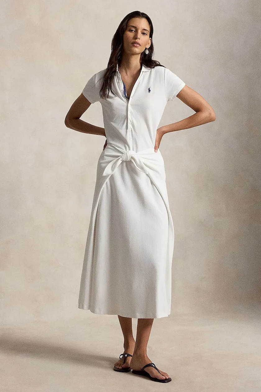 ralph lauren women dresses Lauren Women's Twist-Front Cotton-Blend Shirtdress neck dress while crinkle georgette and a tiered skirt create graceful movement with each step Ralph Lauren Women's Striped Pleated