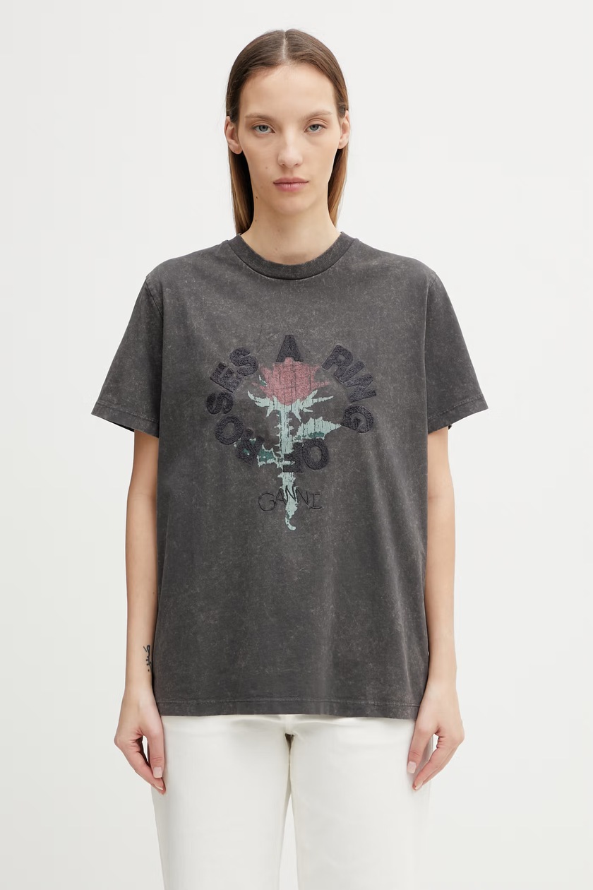 GANNI cotton t-shirt Basic Cotton Jersey Neon Kitty gray color