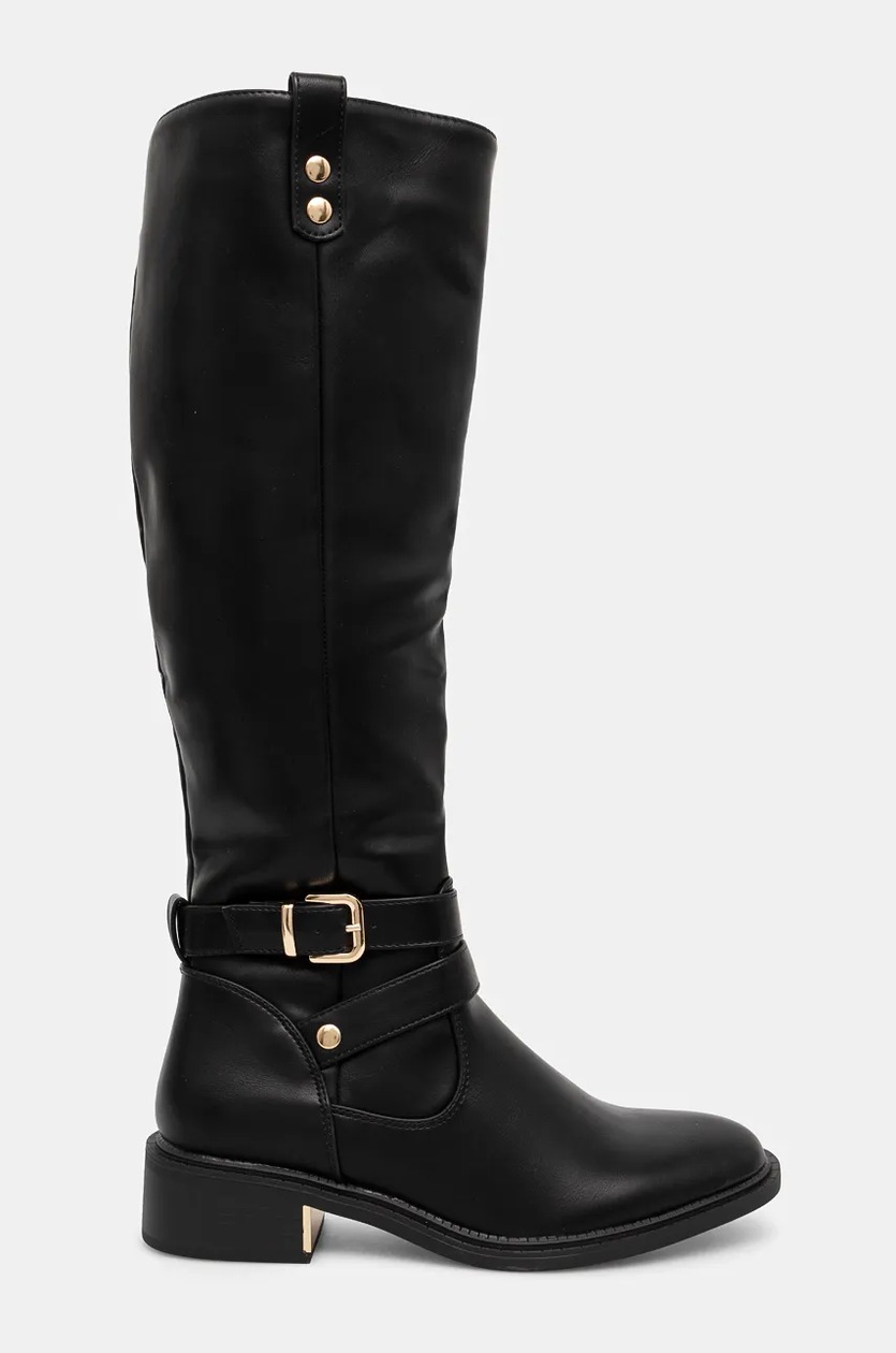 【COLOR iN ID】Buckle low long leather boots Studded Black Croco Textured Leather knee Length Blocked