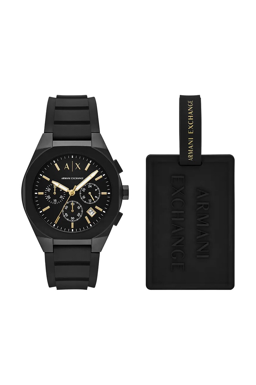Levně Hodinky a visačka na zavazadlo Armani Exchange RAFAEL černá barva, AX7165SET