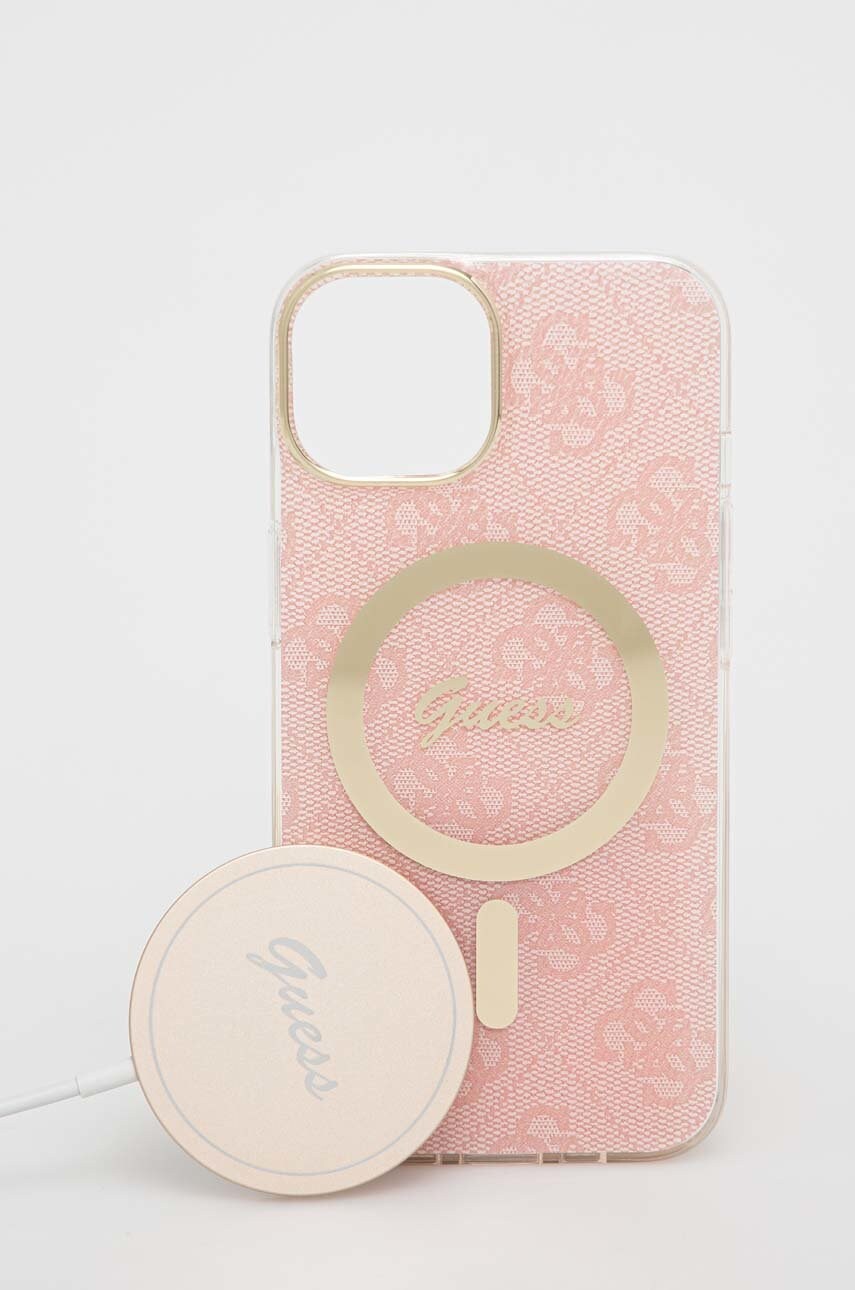 

Зарядно и калъф за телефон Guess iPhone 14 6,1'' в розово, Розов