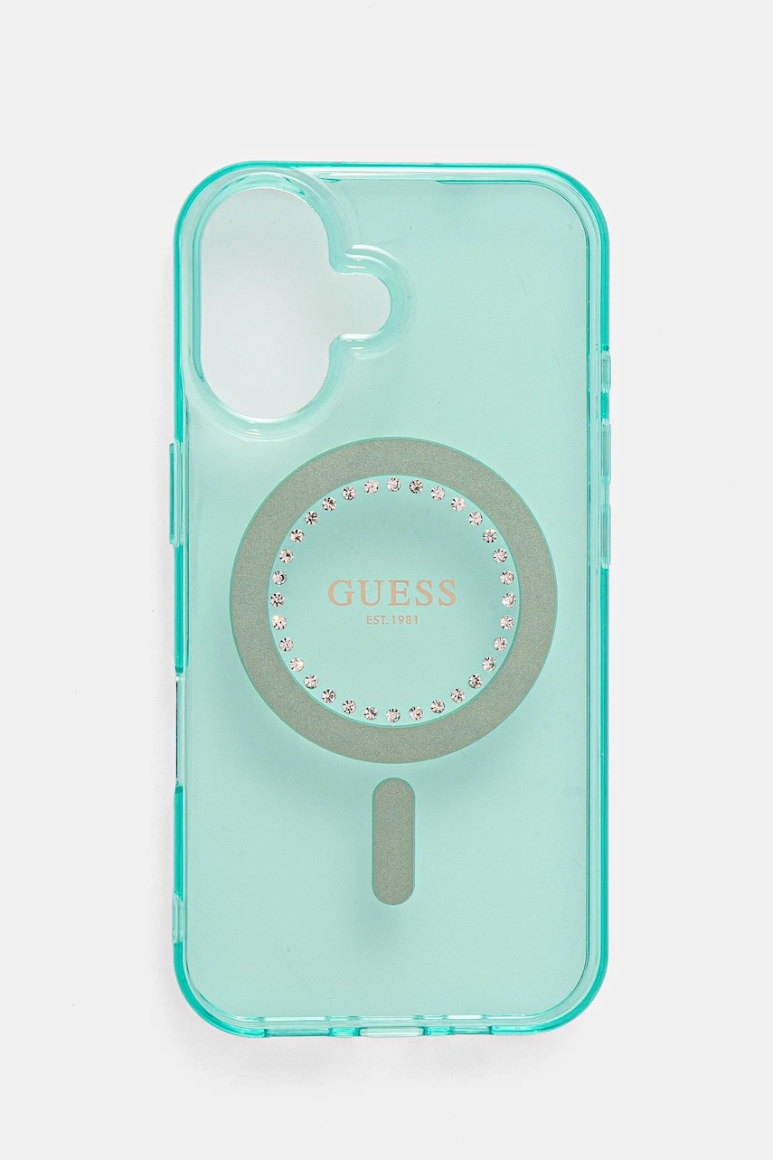 Levně Obal na telefon Guess iPhone 16 6.1 tyrkysová barva, GUHMP16SPFTDTEN