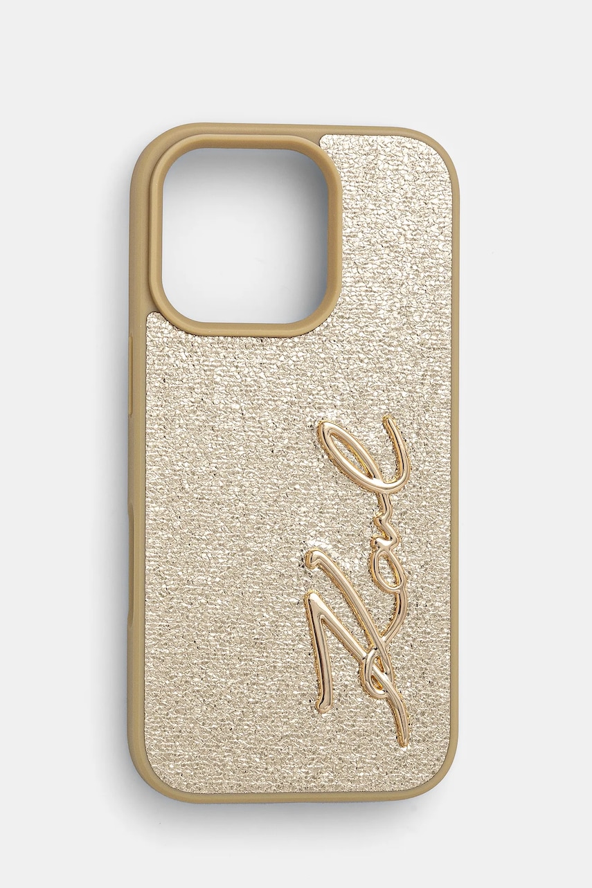 Levně Obal na telefon Karl Lagerfeld iPhone 16 Pro 6.3 zlatá barva, KLHCP16LPFMFBKMD