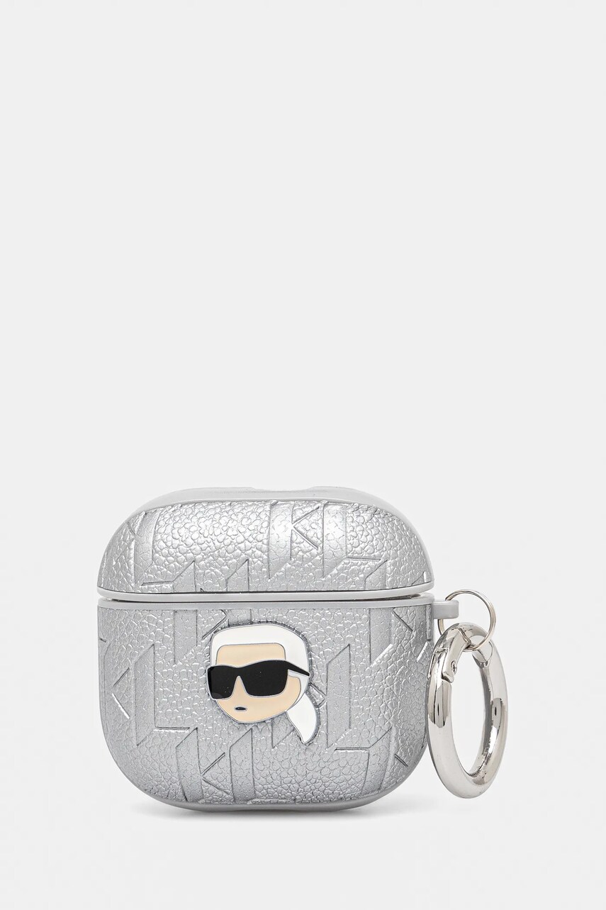 Levně Pouzdro na airpod Karl Lagerfeld AirPods 4 stříbrná barva, KLA4PGKIPS