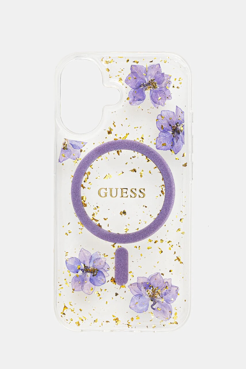 Levně Obal na telefon Guess iPhone 16 fialová barva, GUHMP16SRBFGFGMU