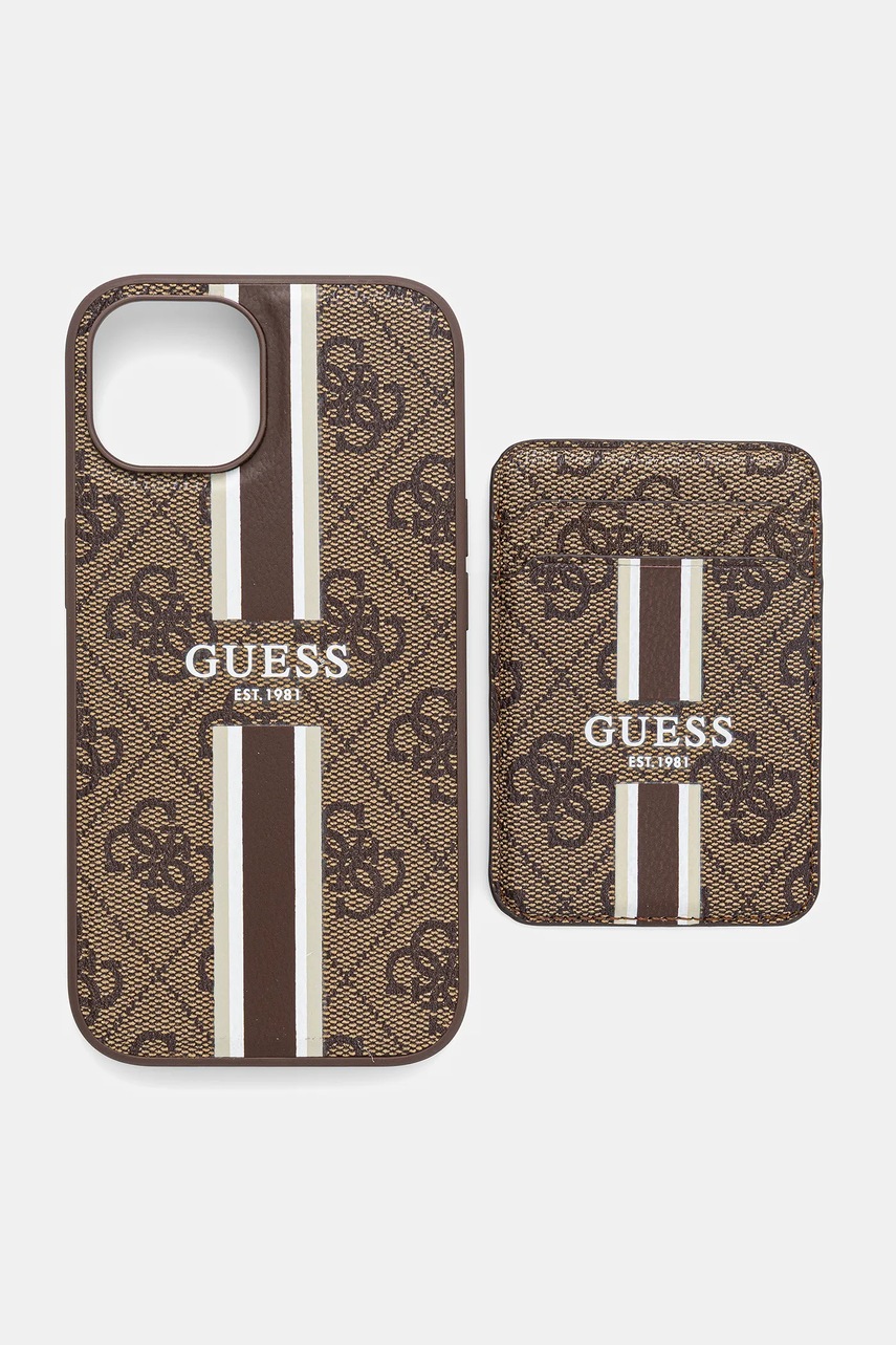 Levně Obal na telefon Guess iPhone 15 hnědá barva, GUBPHCP15SP4RPSW