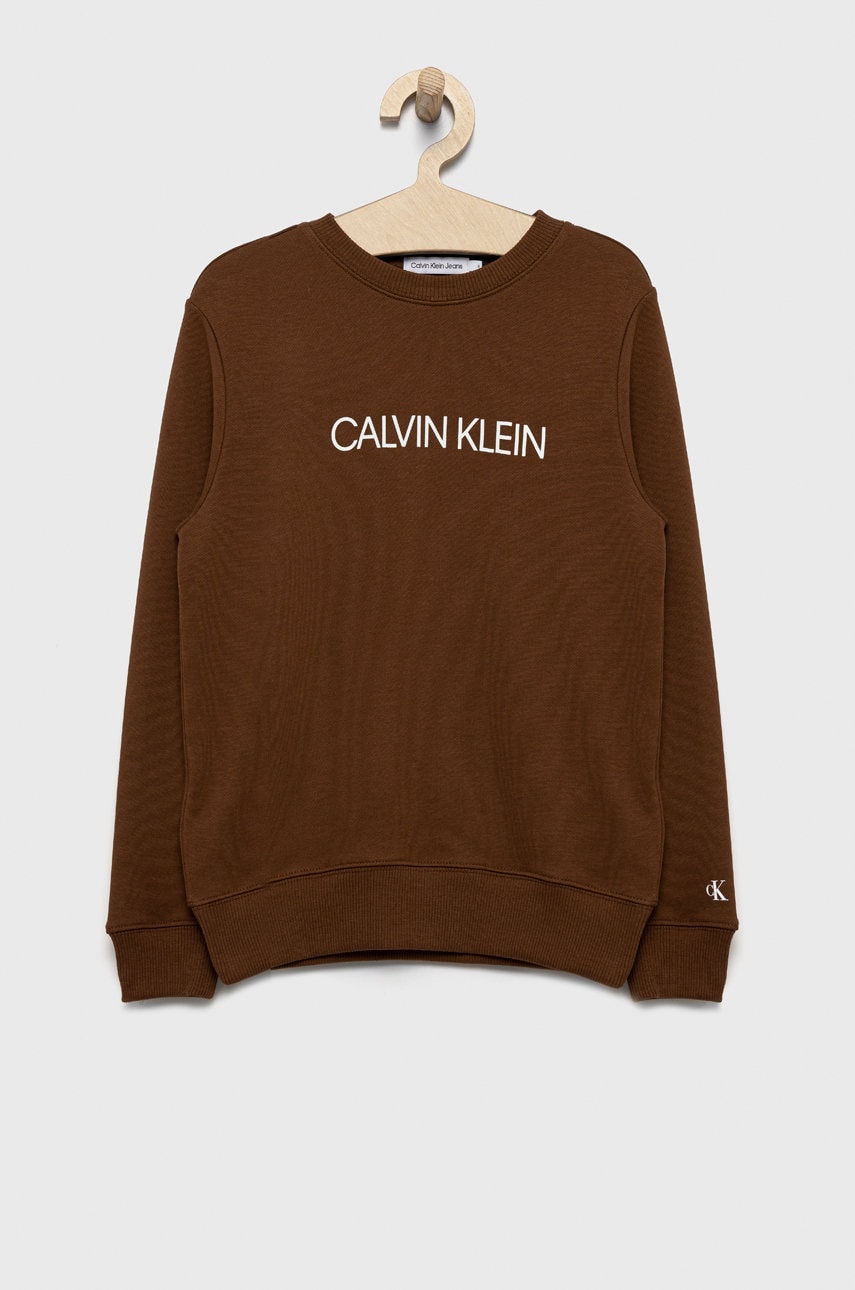 Levně Dětská bavlněná mikina Calvin Klein Jeans hnědá barva, s potiskem
