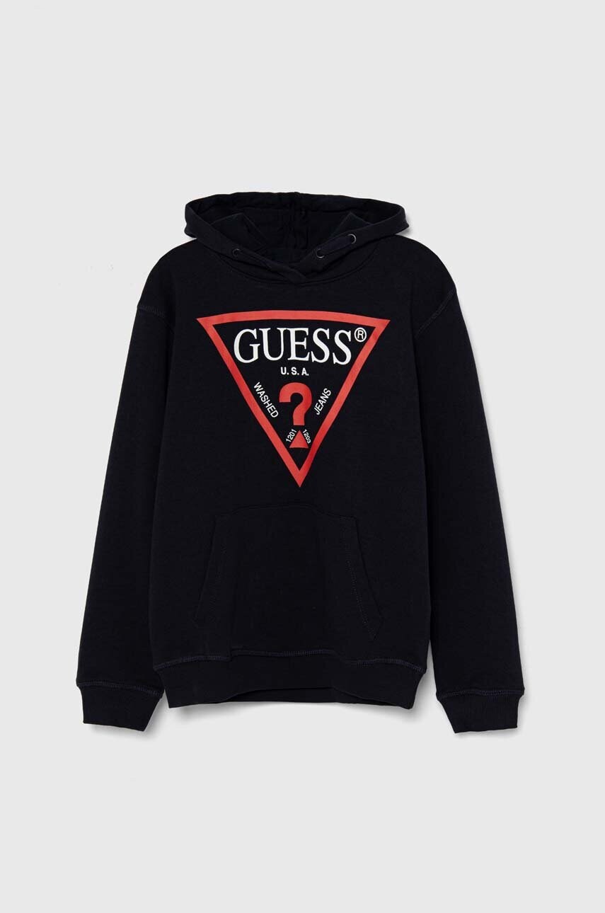 Levně Dětská bavlněná mikina Guess tmavomodrá barva, s kapucí, s potiskem, L92Q09 KAUG0