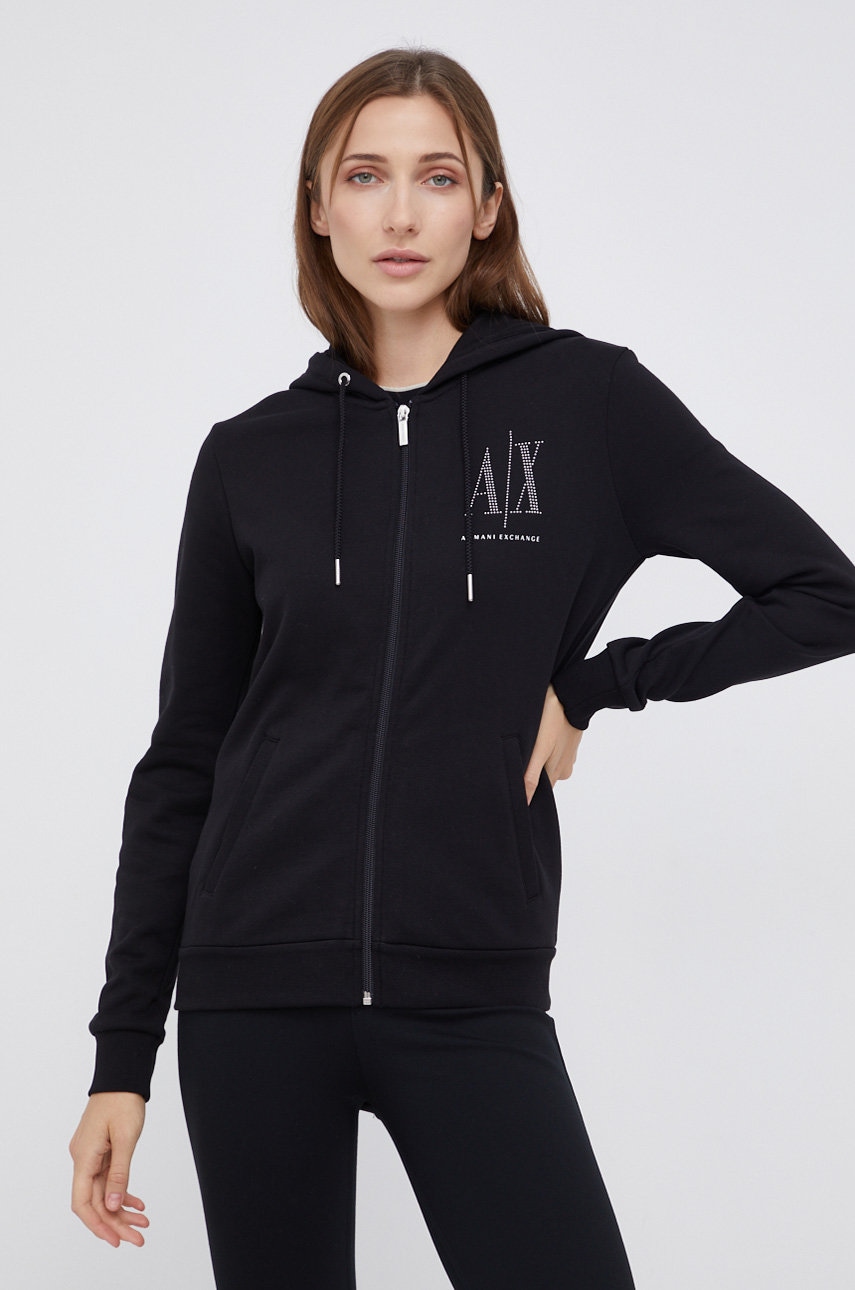 Armani Exchange Hanorac de bumbac femei, culoarea negru, cu imprimeu