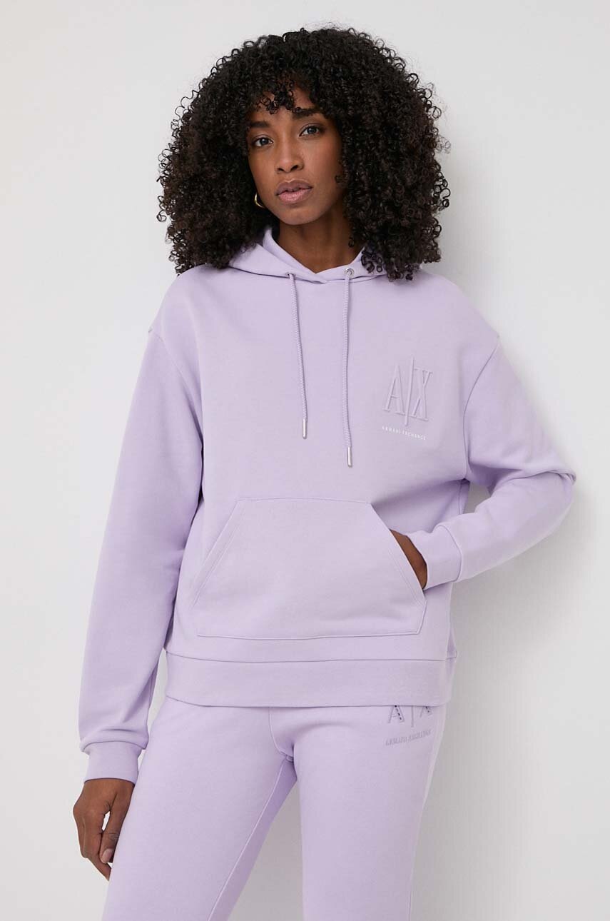 Armani Exchange hanorac de bumbac femei, culoarea violet, cu glugă, neted