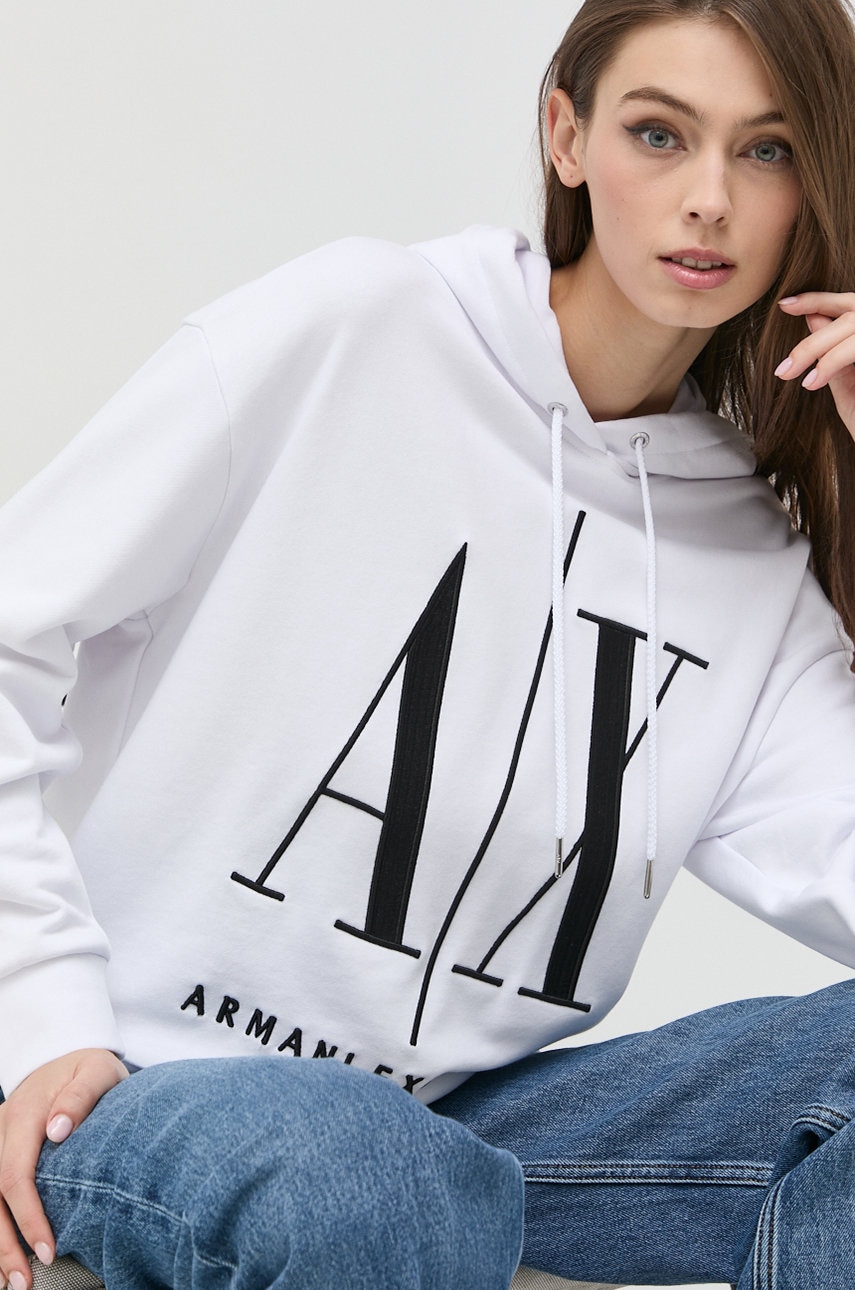 Armani Exchange hanorac de bumbac femei, culoarea alb, cu imprimeu