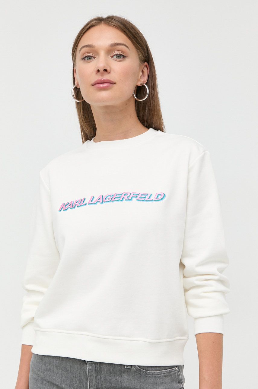 Bavlněná mikina Karl Lagerfeld dámská, bílá barva, s aplikací - bílá -  100 % Organická bavlna