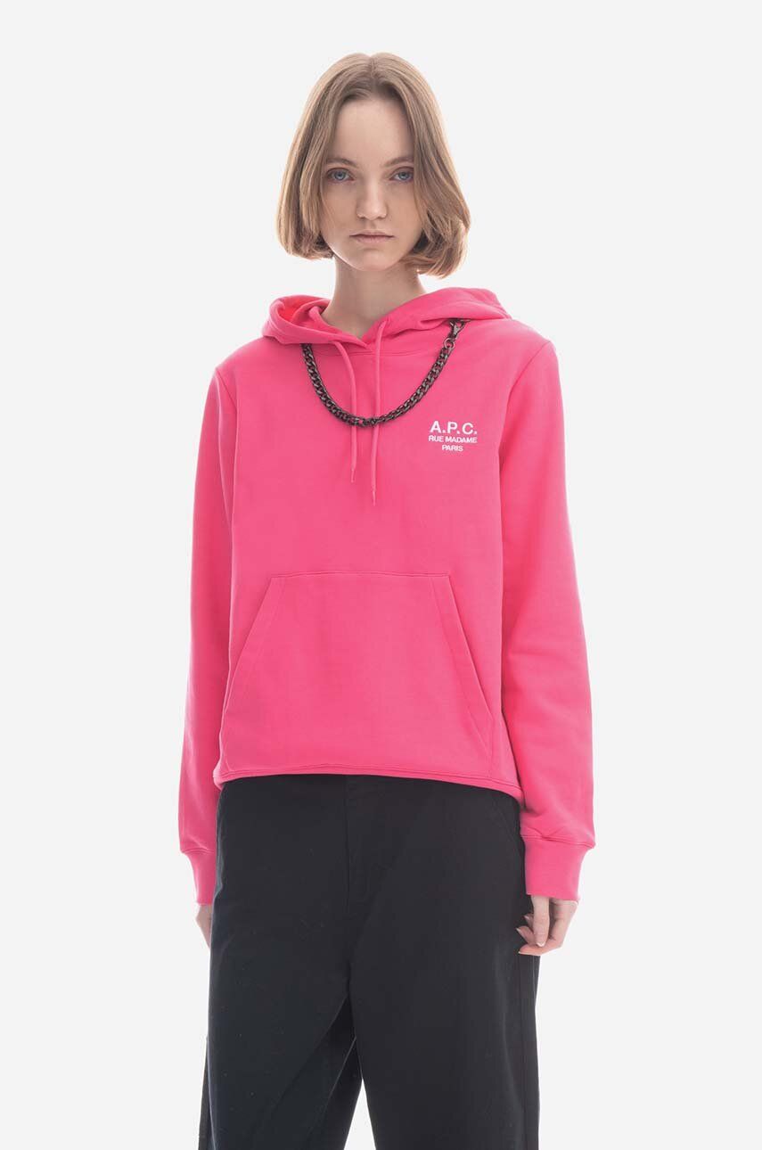 Pamučna dukserica A.P.C. Hoodie Manuela za žene, boja: ružičasta, s kapuljačom, s aplikacijom, COEZD-F27760 BRIGHT PINK