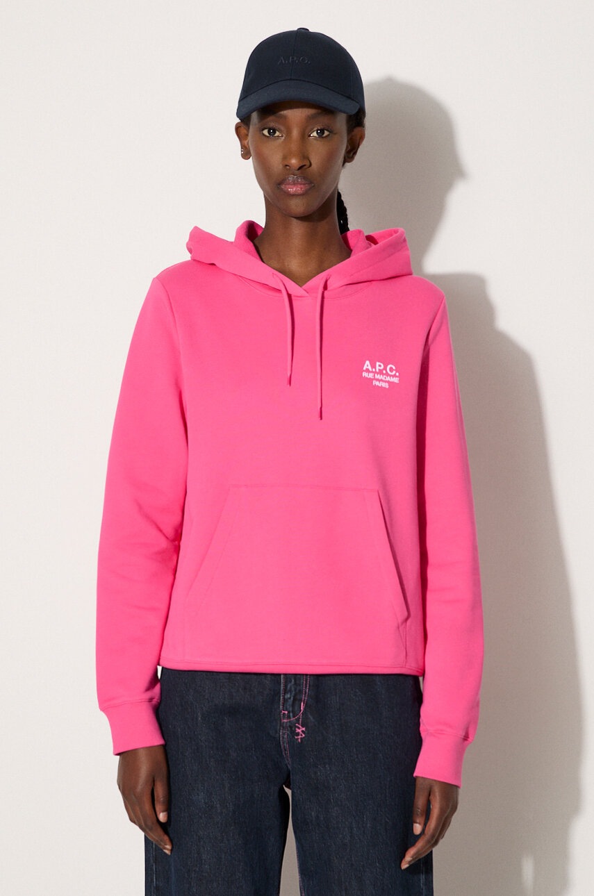 Bavlněná mikina A.P.C. Hoodie Manuela dámská, růžová barva, s kapucí, aplikací, COEZD-F27760 BRIGHT PINK