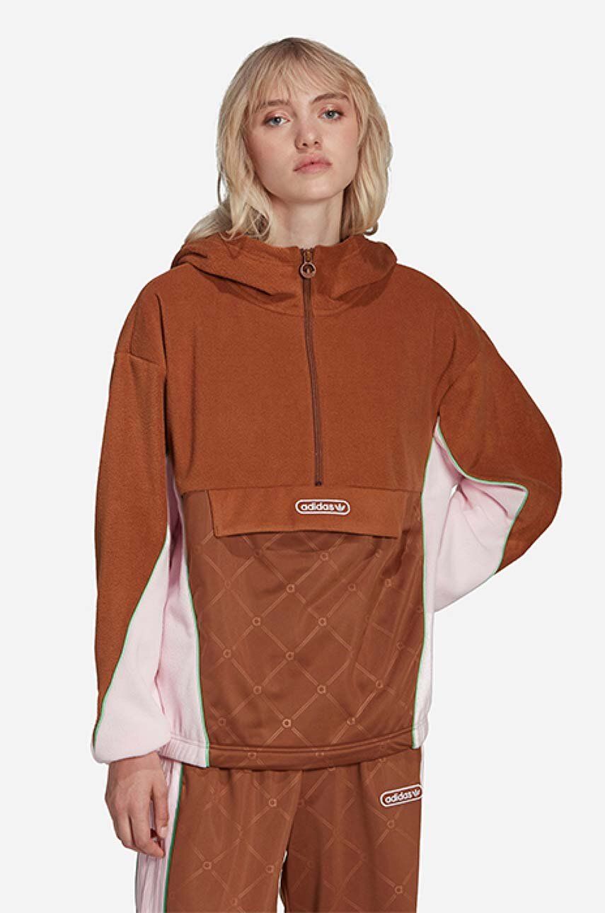 adidas Originals bluză femei, culoarea maro, cu glugă, cu imprimeu HL0050-brown