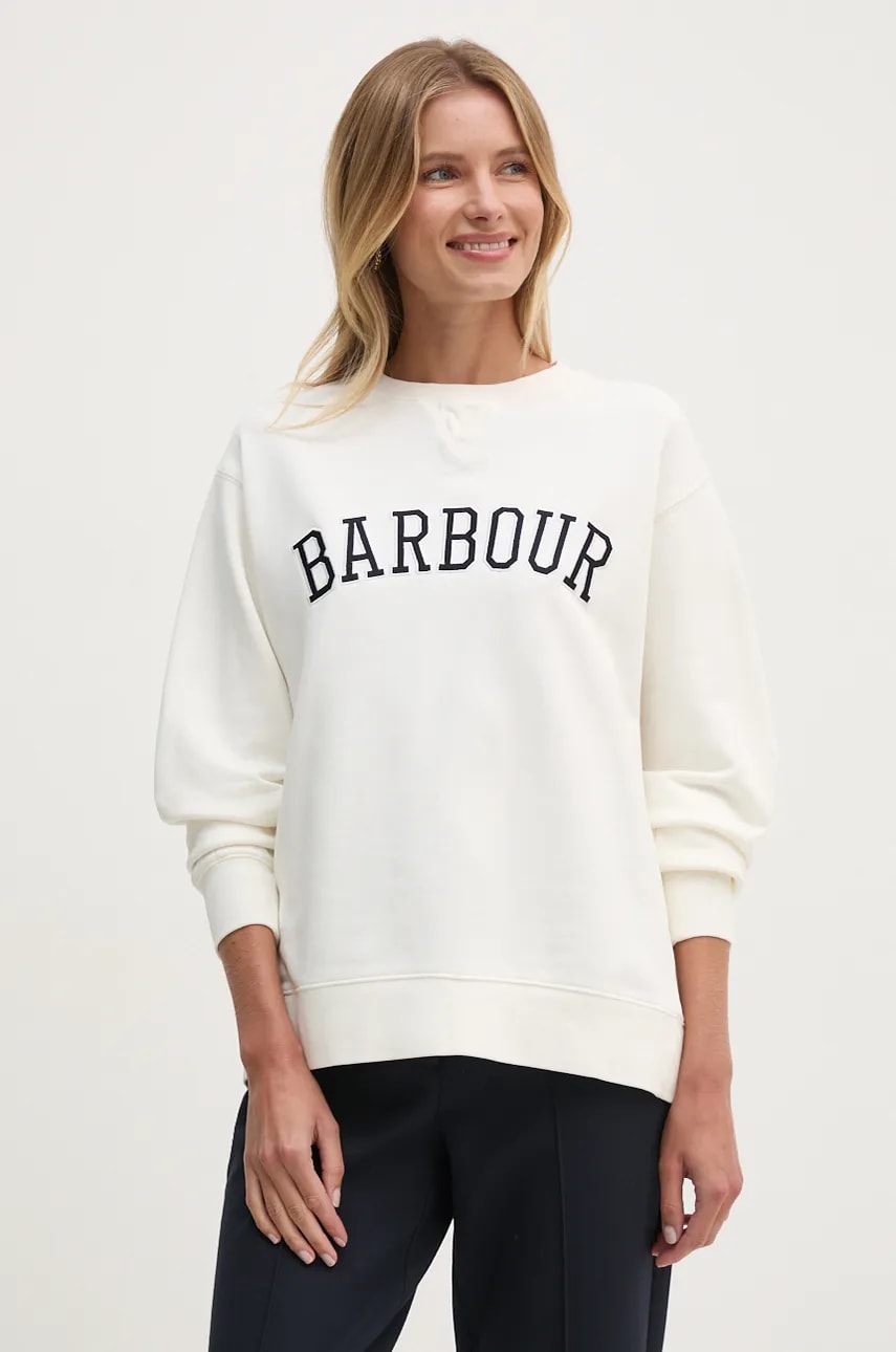 Barbour hanorac de bumbac femei, culoarea alb, cu imprimeu, LOL0591 Barbour hanorac de bumbac femei, culoarea alb, cu imprimeu, LOL0591