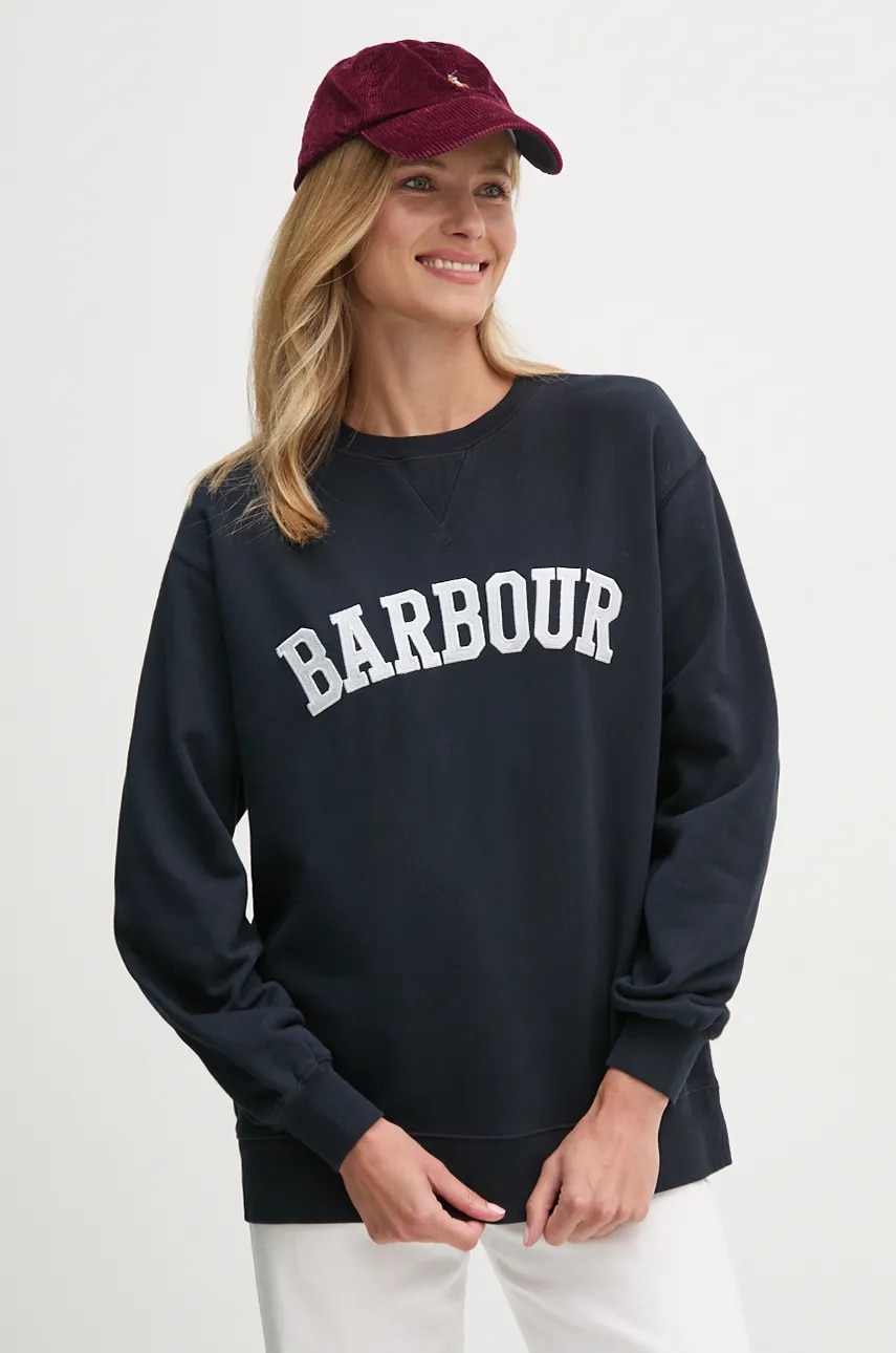 Barbour hanorac de bumbac femei, culoarea albastru marin, cu imprimeu, LOL0591 Barbour hanorac de bumbac femei, culoarea albastru marin, cu imprimeu, LOL0591