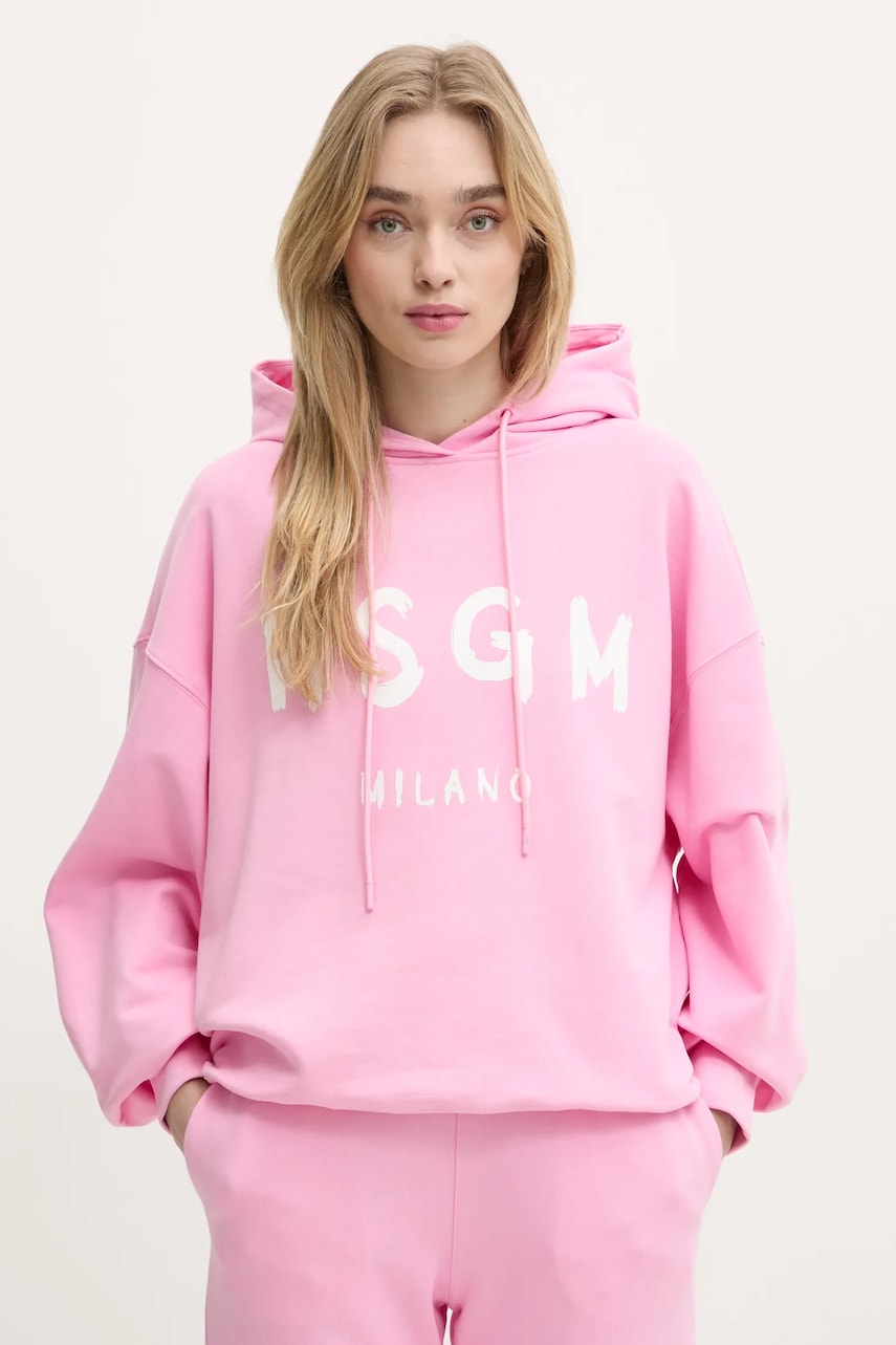MSGM hanorac de bumbac femei, culoarea roz, cu glugă, cu imprimeu, 2000MDM515.300000 MSGM hanorac de bumbac femei, culoarea roz, cu glugă, cu imprimeu, 2000MDM515.300000