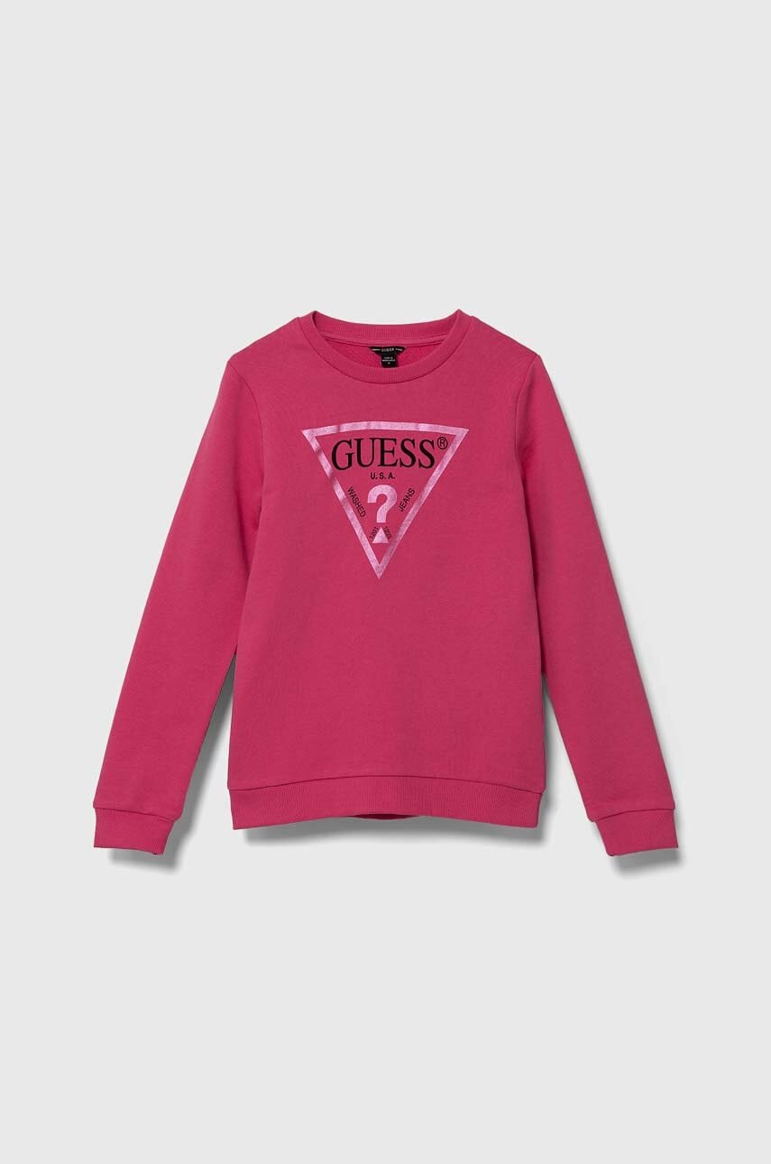 

Детски памучен суичър Guess в розово с принт, Розов
