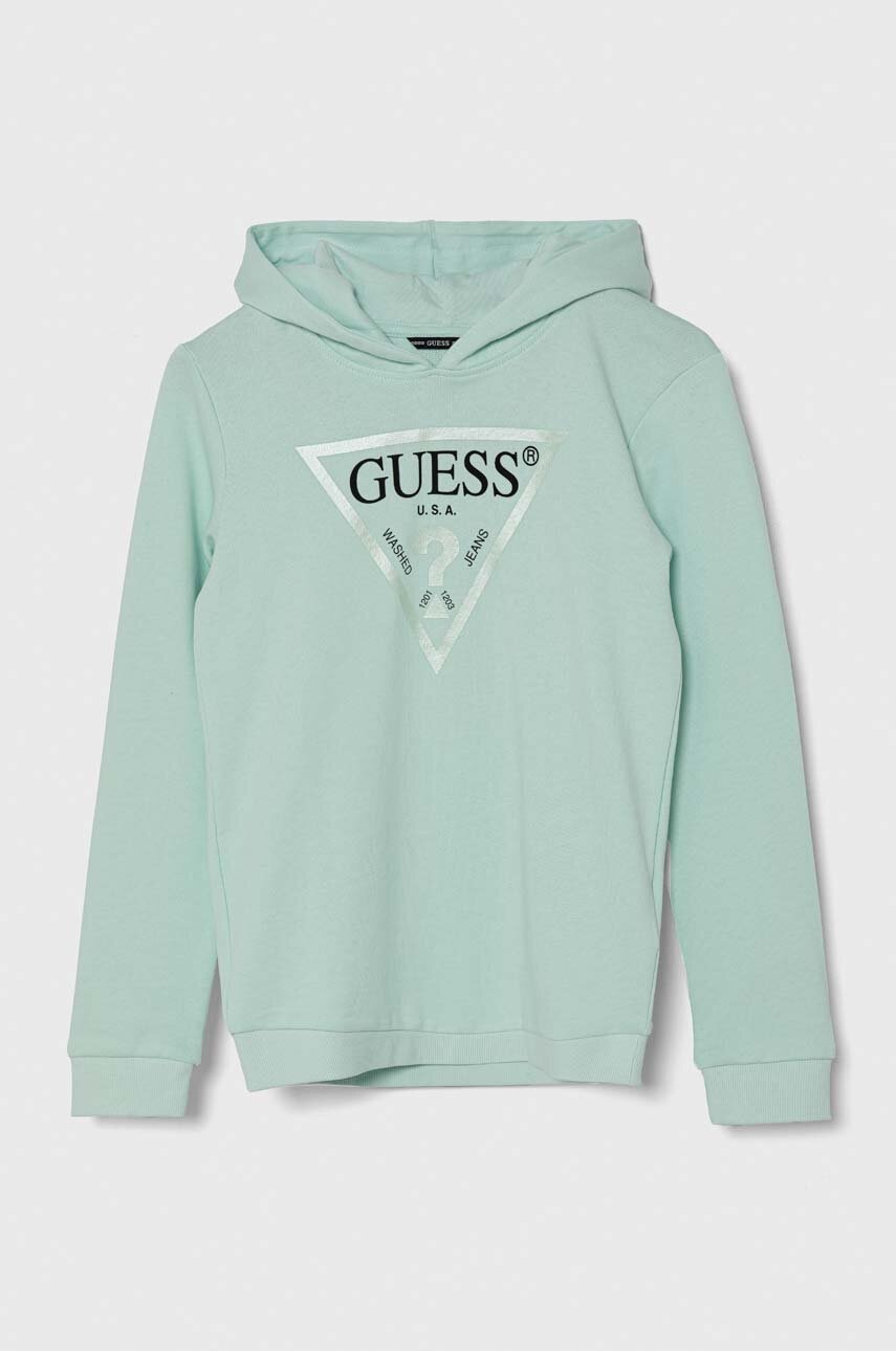 

Детски памучен суичър Guess в синьо с качулка с принт, Тюркоазен