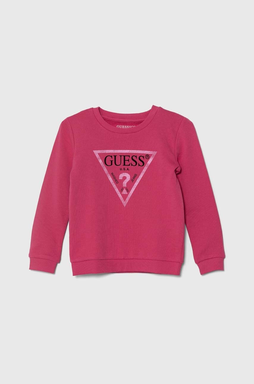 

Детски памучен суичър Guess в синьо с принт, Розов
