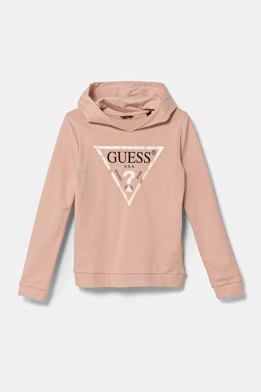 Levně Dětská bavlněná mikina Guess oranžová barva, s kapucí, s potiskem, J83Q14 KAUG0