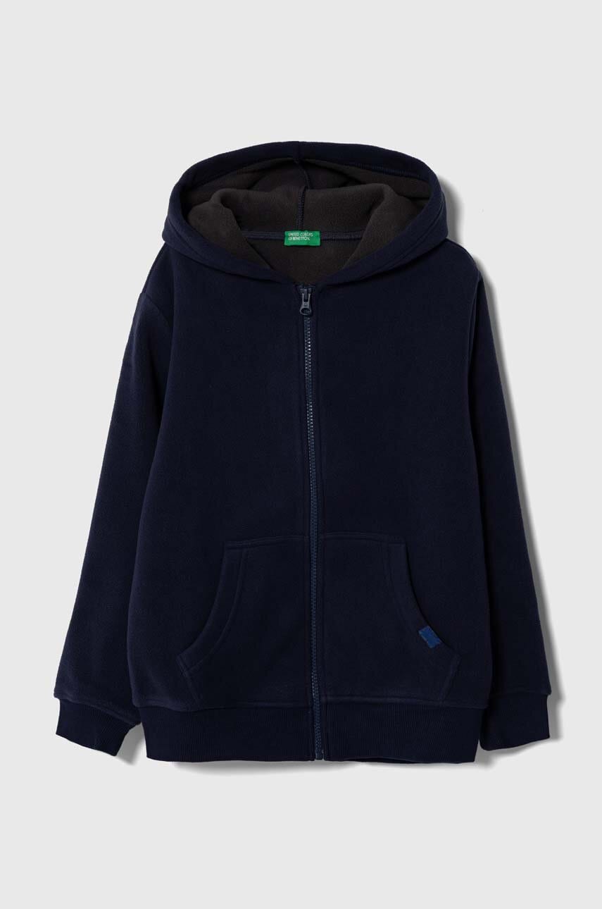 United Colors of Benetton bluza copii culoarea albastru marin, cu glugă, neted United Colors of Benetton bluza copii culoarea albastru marin, cu glugă, neted