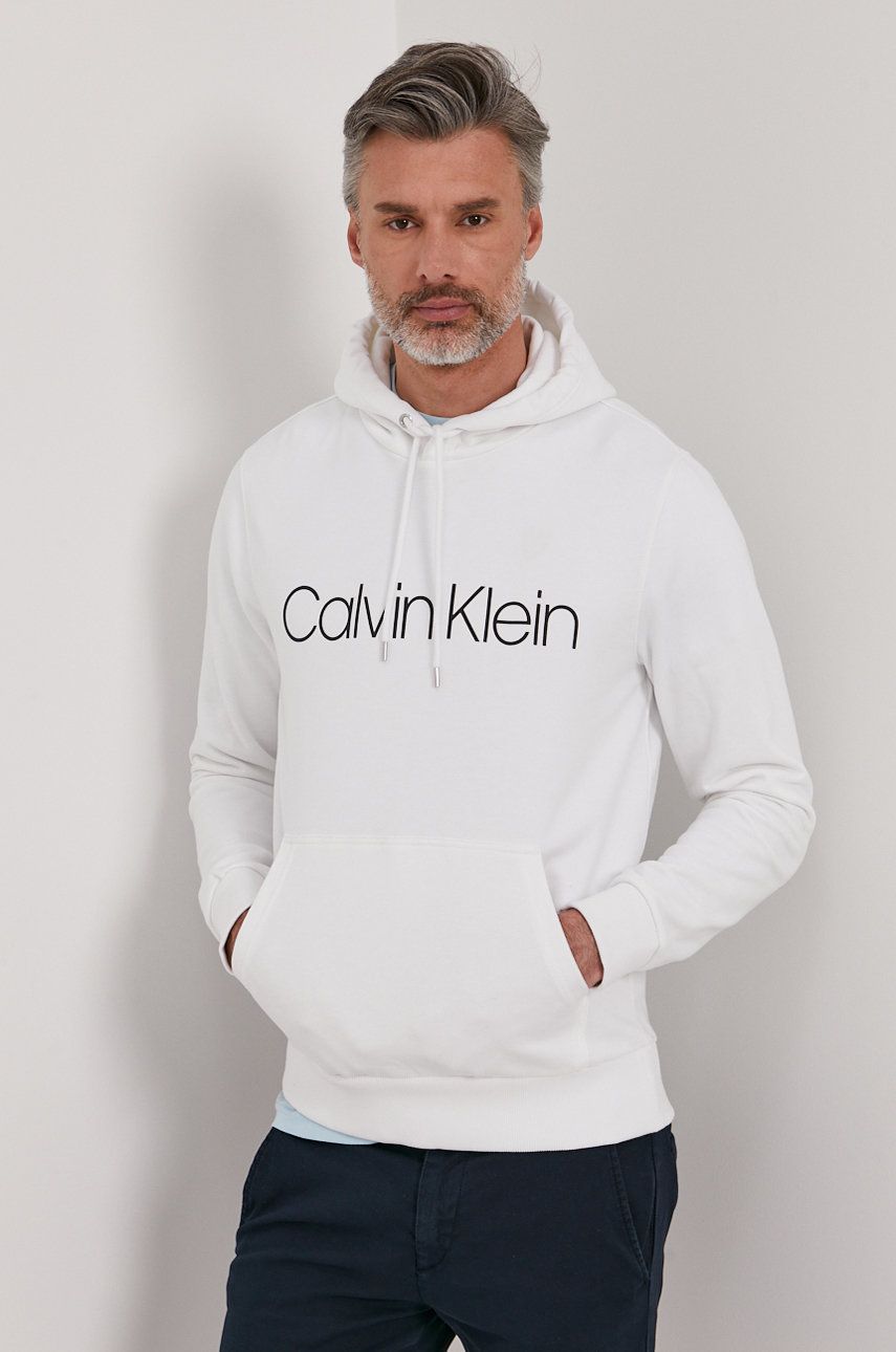 Calvin Klein Bluza bawełniana męska kolor biały z kapturem z nadrukiem