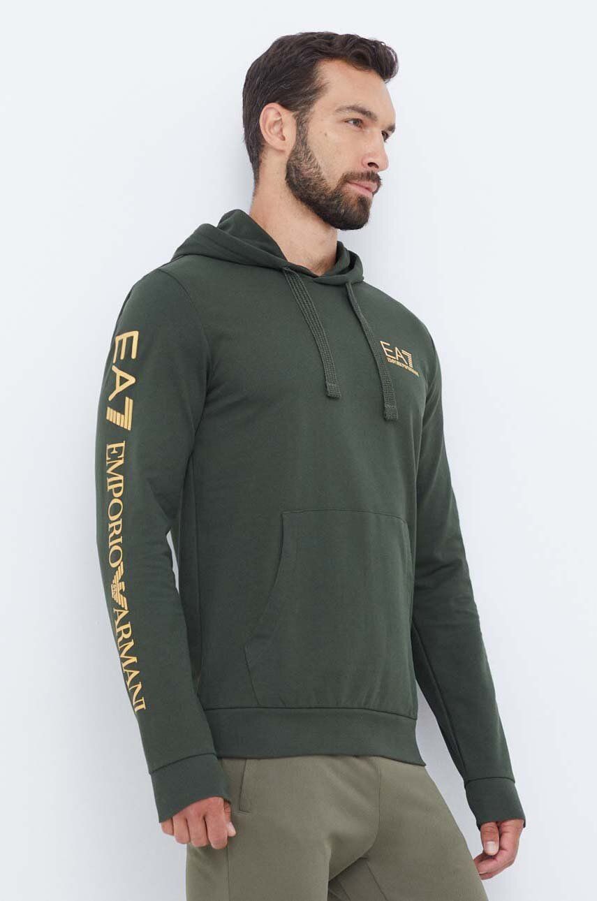 Mikina EA7 Emporio Armani pánská, zelená barva, s kapucí, s potiskem - zelená - Materiál č. 1: 100 %