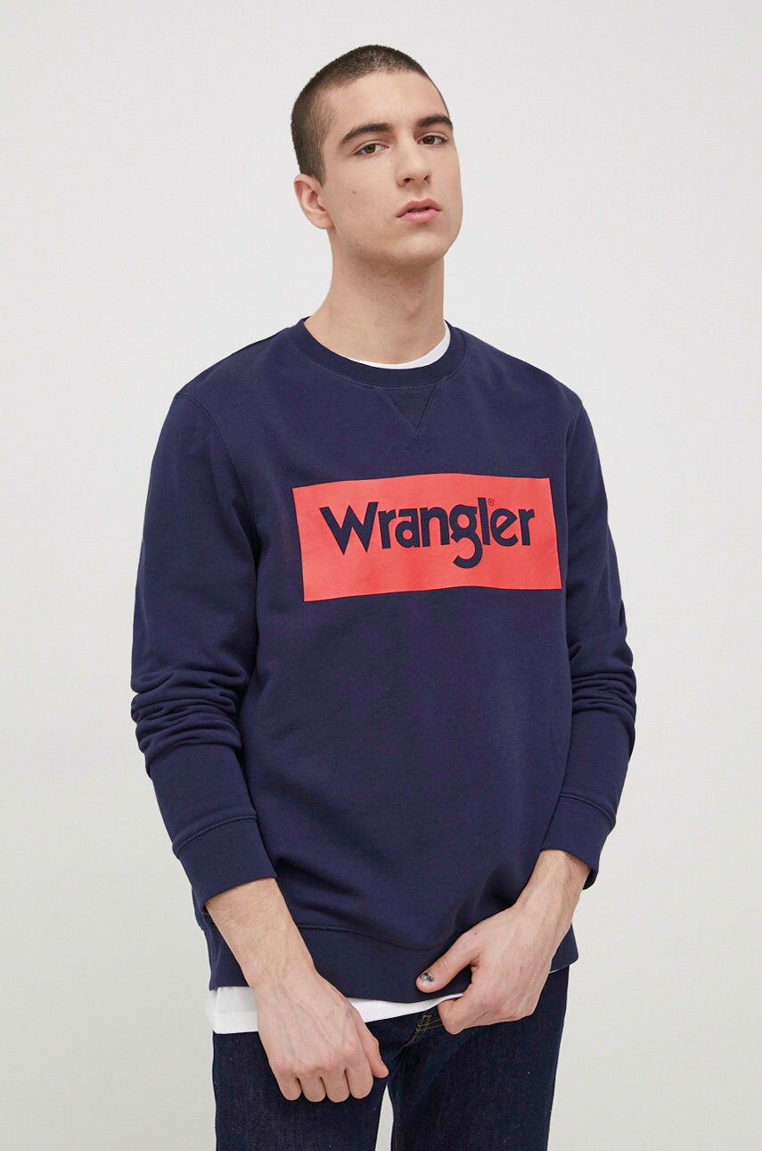 Wrangler hanorac de bumbac barbati, culoarea albastru marin, cu imprimeu