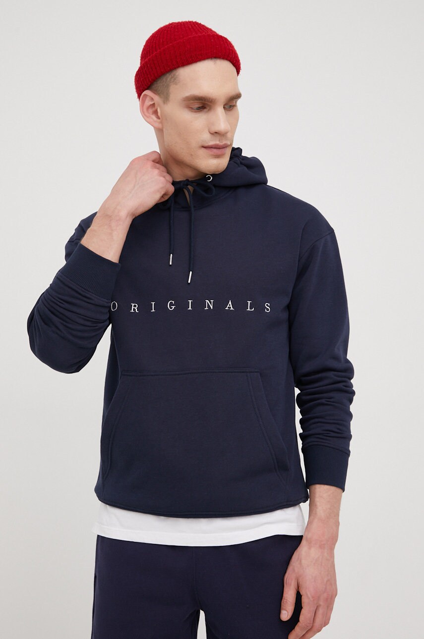 Jack & jones bluza barbati, culoarea albastru marin, cu glugă, cu imprimeu